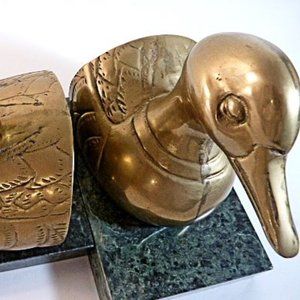 Heavy Brass Mid-Century Half Duck Book Ends Granite Base